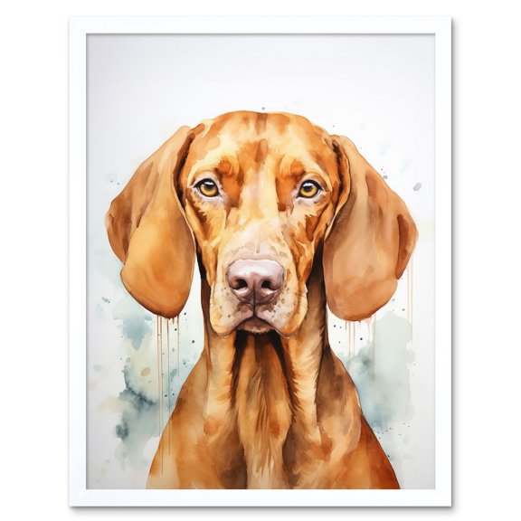 Hungarian Vizsla Dog Soft Watercolour Artwork Golden Rust Teal Bright Portrait Art Print Framed Poster Wall Decor 12x16 inch