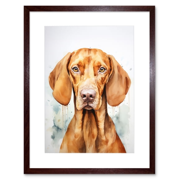 Hungarian Vizsla Dog Soft Watercolour Artwork Golden Rust Teal Bright Portrait Artwork Framed Wall Art Print 9X7 Inch