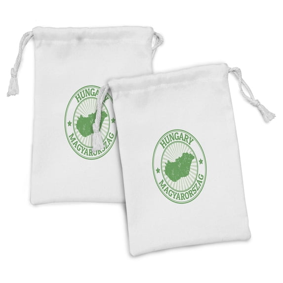 Hungary Fabric Pouch Set of 2, Grunge Vintage Rubber Stamp with the Name and Map Magyarorszag Tourist Europe, Drawstring Bag for Toiletries Masks and Favors, 9" x 6", Green and White, by Ambesonne