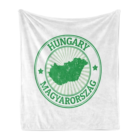 Hungary Soft Flannel Fleece Blanket, Grunge Vintage Rubber Stamp with the Name and Map Magyarorszag Tourist Europe, Cozy Plush for Indoor and Outdoor Use, 50" x 70", Green and White, by Ambesonne