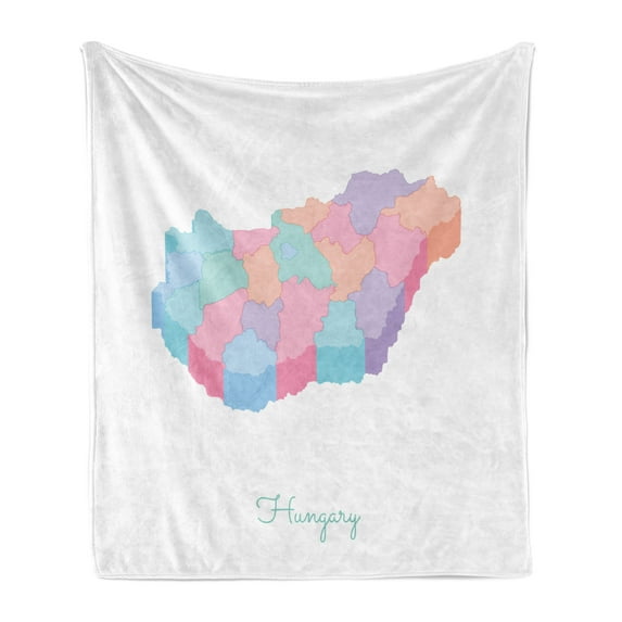Hungary Soft Flannel Fleece Blanket, Modern Style Country Map Divided into Regions City Citizen Geography Pastel Design, Cozy Plush for Indoor and Outdoor Use, 50" x 70", Multicolor, by Ambesonne