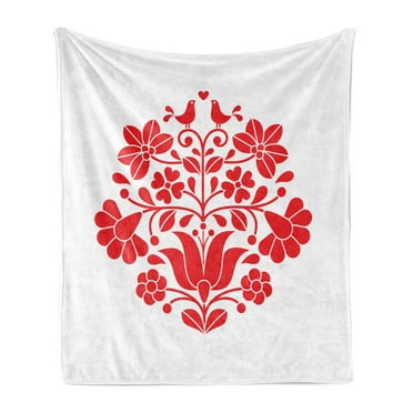 Hungary Soft Flannel Fleece Throw Blanket, Kalocsa Pattern Boho with Carnation Cornflower and Birds Hearts Blooms Print, Cozy Plush for Indoor and Outdoor Use, 50" x 70", Red White, by Ambesonne
