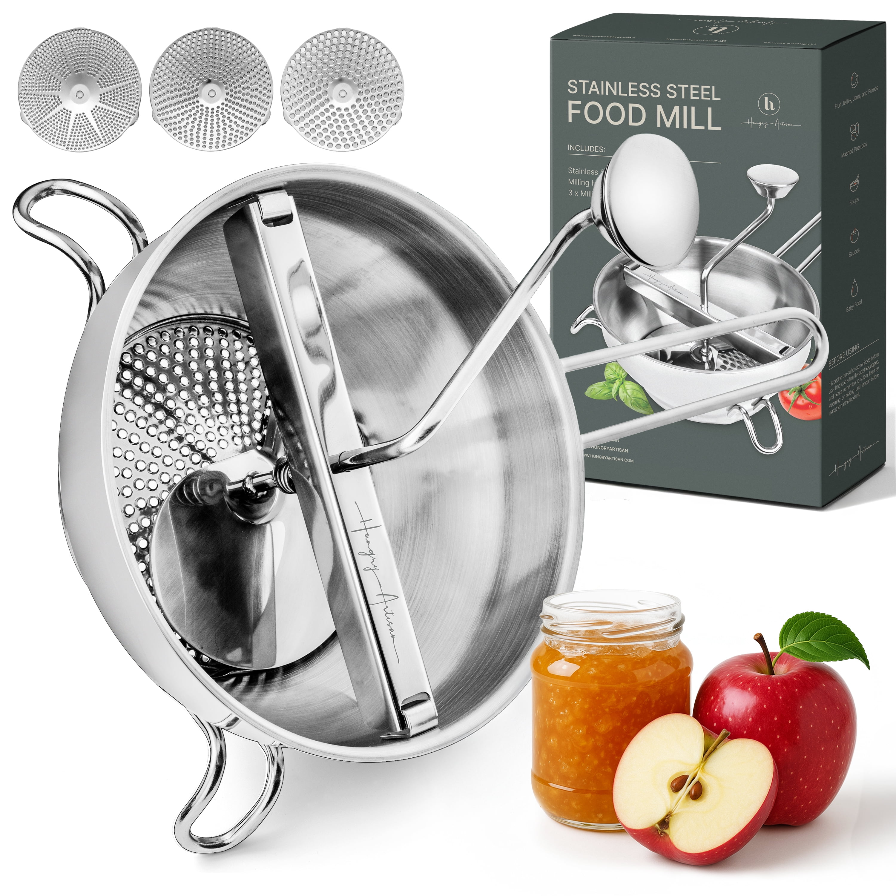 Hungry Artisan Ergonomic Stainless Steel Food Mill with 3 Milling Discs