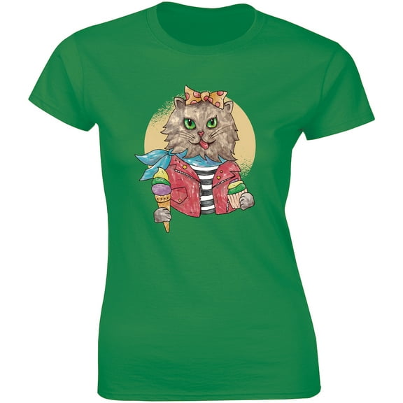 Hungry Cat Eating Ice-Cream And Cup Cake In Hand Women's Gift T-Shirt
