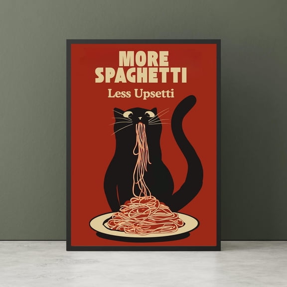 Hungry Cat Spaghetti Kitchen Wall Art Print, Unframed Paper Poster 8x10in
