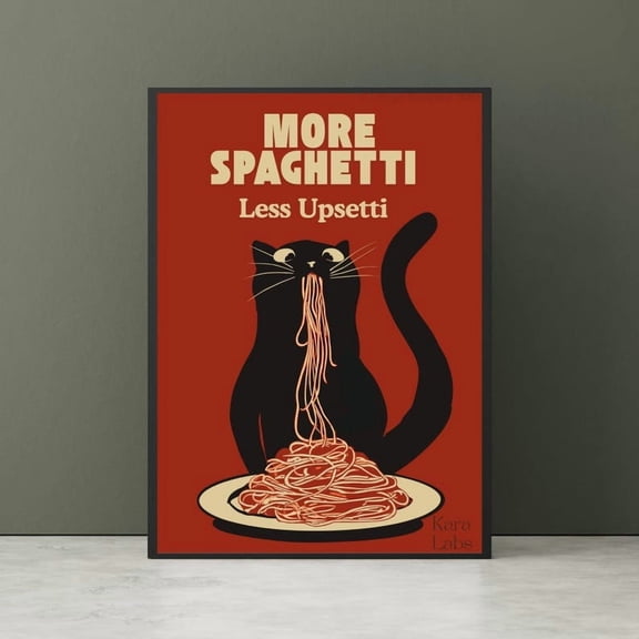 Hungry Cat Spaghetti Print, Humorous Poster, Funny Wall Art for Kitchen, Poster Only