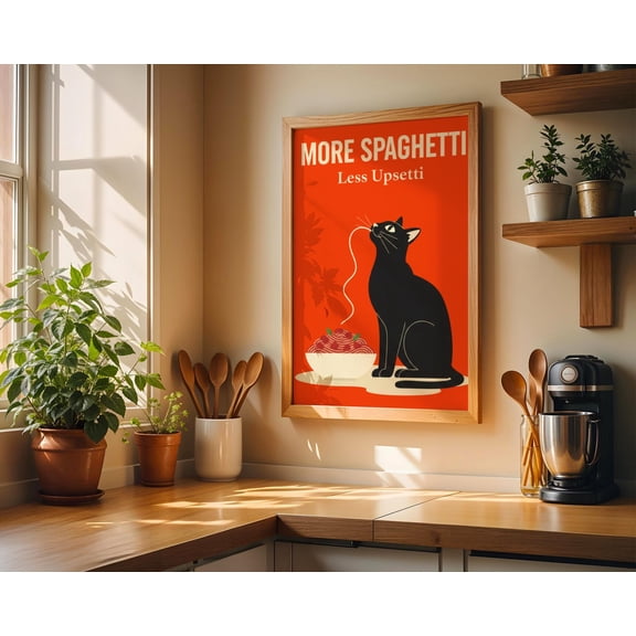 Hungry Cat Spaghetti Print Poster Funny Wall Art For Kitchen