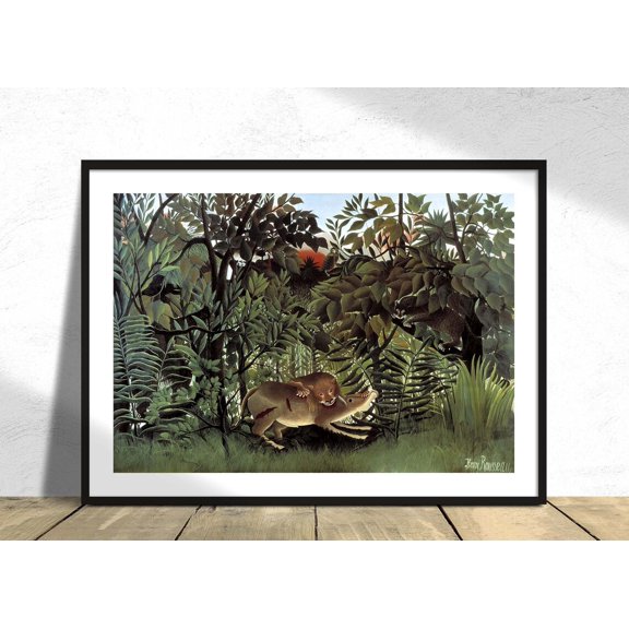 The Hungry Lion Throws Itself On The Antelope Henri Rousseau Jungle Poster Reproduction Vintage Magic Realism Modern Art, Unframed Paper Poster 8x10in