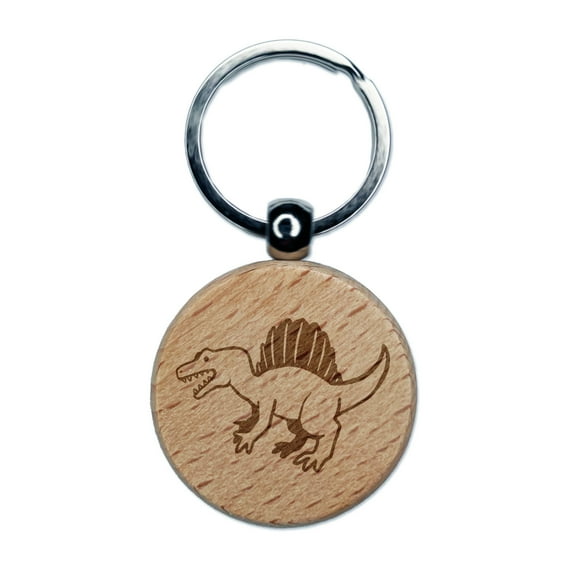 Hungry Spinosaurus Dinosaur with Sail Spines Round Keychain Charm Tag - Engraved Wood
