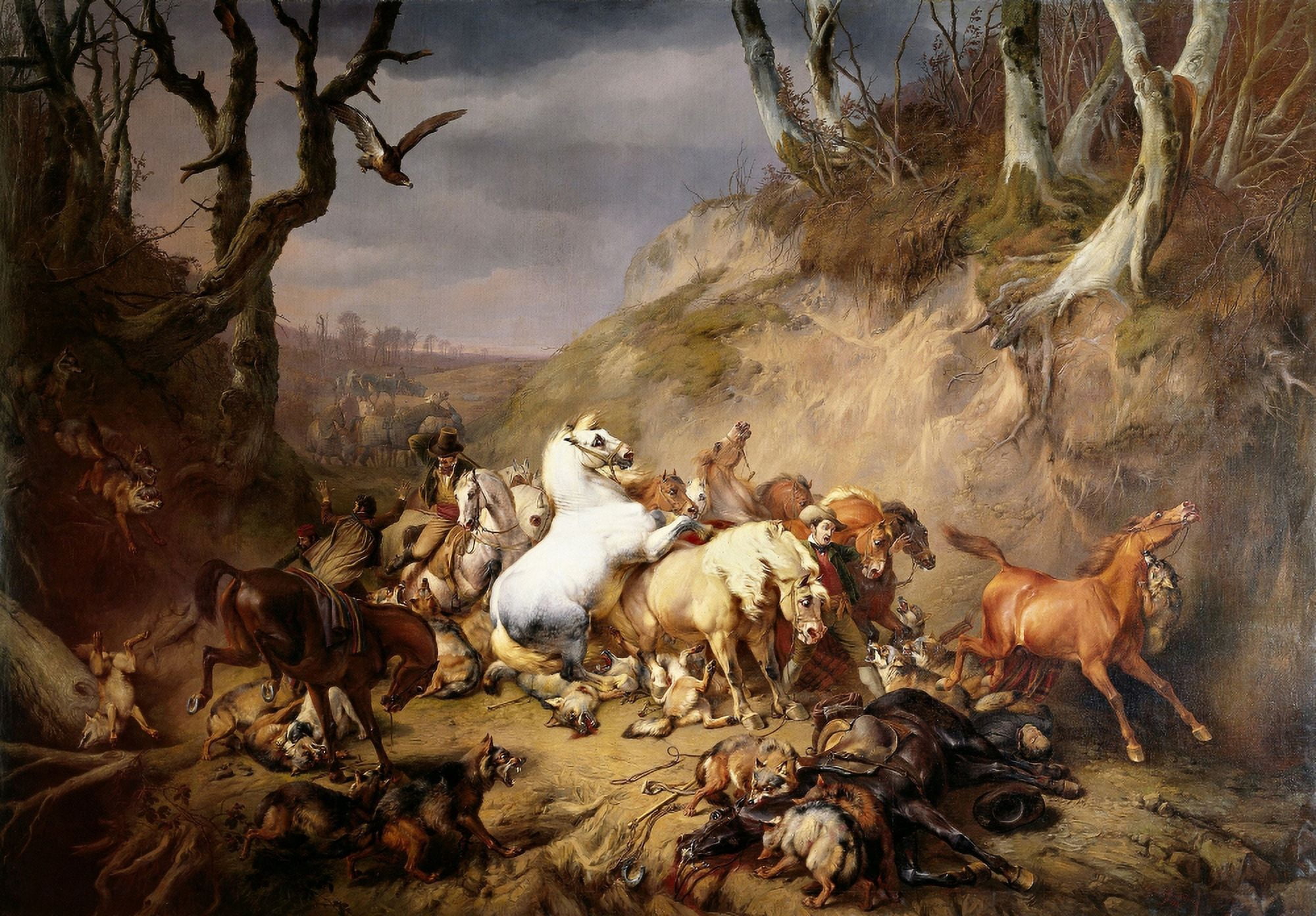 Hungry Wolves Attack A Group Of Riders Canvas Art - (36 x 24)