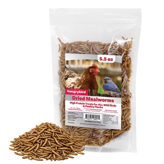 Hungrybird Dried Mealworms, 5.5oz High Protein Poultry Treats for All Wild Birds and Chicken Flocks