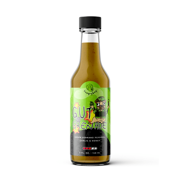 hungryboy Gut Grenade Hot Sauce, Green Serrano Habanero Garlic, No Major Allergens Contained, 5 fl oz