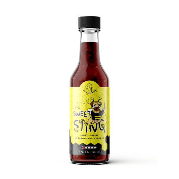 hungryboy Sweet Sting Hot Sauce, Honey Garlic Crushed Red Pepper, Contains Soy Wheat, 5 fl oz