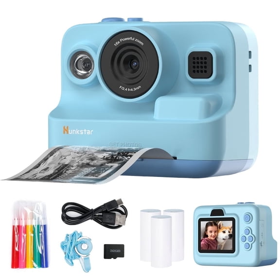 Hunkstar HC200 Instant Print Camera, Portable, 32GB SD Card, Dual Lens 1080P HD Digital Video Cameras,Autofocus, Blue