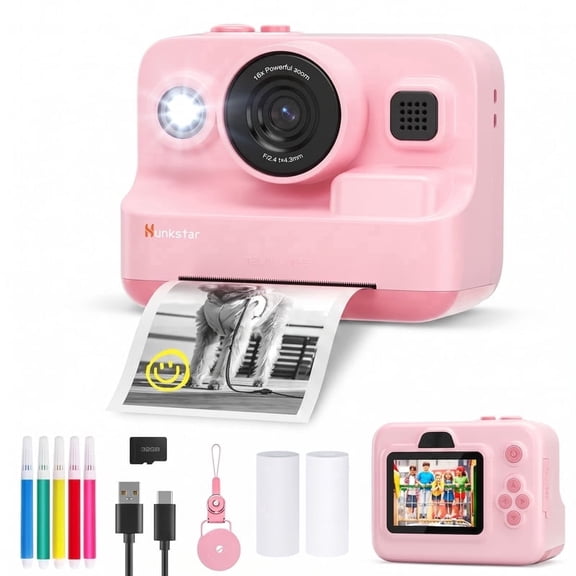 Hunkstar HC200 Kids Instant Print Camera, Portable, 32GB SD Card, Dual Lens 1080P HD Digital Video Cameras,Autofocus, Pink