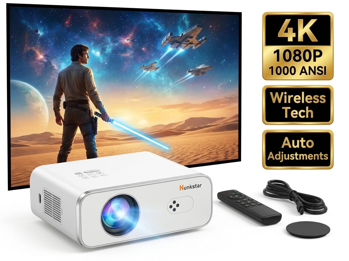 2026 Upgraded Hunkstar 4k Projector 1000 Lumen with Smart Screen, Auto Keystone Correction Focus, Video Projector with Wifi and Bluetooth, Built-in Speakers