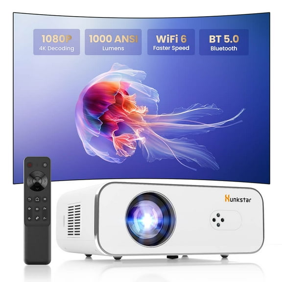 Hunkstar P3s Home Theater Projector, 1080P FHD 1000 ANSI, Auto Focus & 6D Keystone, 10W Speakers, WiFi 6 & Bluetooth, 4K Decoding - White