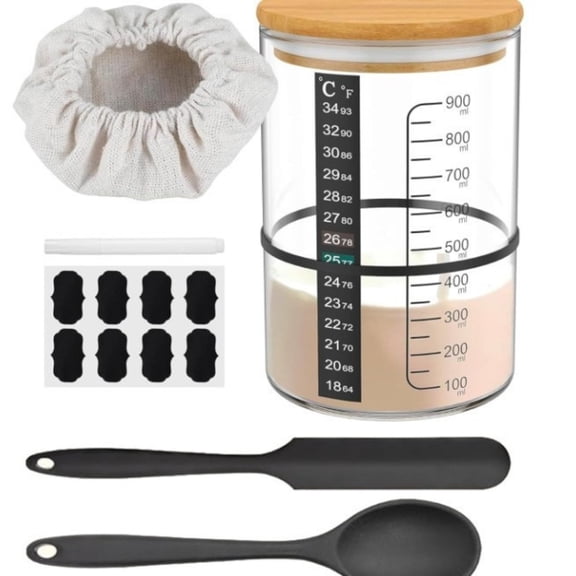 Hunlyman 32oz Sourdough Starter Jar Kit, Wide Mouth Glass Sourdough Fermentation Jar with Clear Marking, Thermometer, Scraper, Cloth Cover and Bamboo Lid for Sourdough Baking