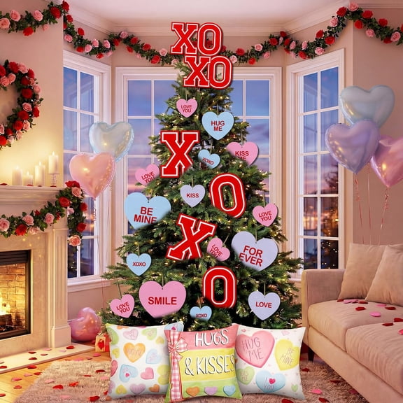 HunnmingRe 17 Pcs Valentines Day Conversation Hearts Tree Ornament Extra Large Sweet Candy Conversation Heart Tree Ornaments Be Mine Kiss Me Love Forever Heart Cut Outs for Valentine Home Decor C113