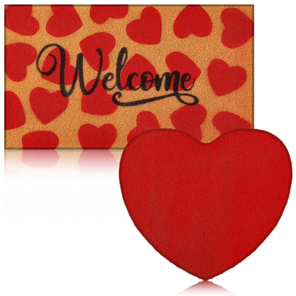 HunnmingRe 2 Pcs Valentines Coir Doormat Red Heart Welcome Mat Valentines Non-Slip Front Door Rugs for Indoor Outdoor Home Bathroom Decor, 16 x 28 Inches C113