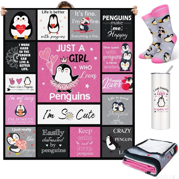 HunnmingRe 3 Pcs Penguin Gifts for Women Penguin Throw Blanket 20 oz Tumbler Animal Lover Socks Pink Animal Gift Basket for Back to School Teacher Birthday Valentines Mothers Day Present Y101
