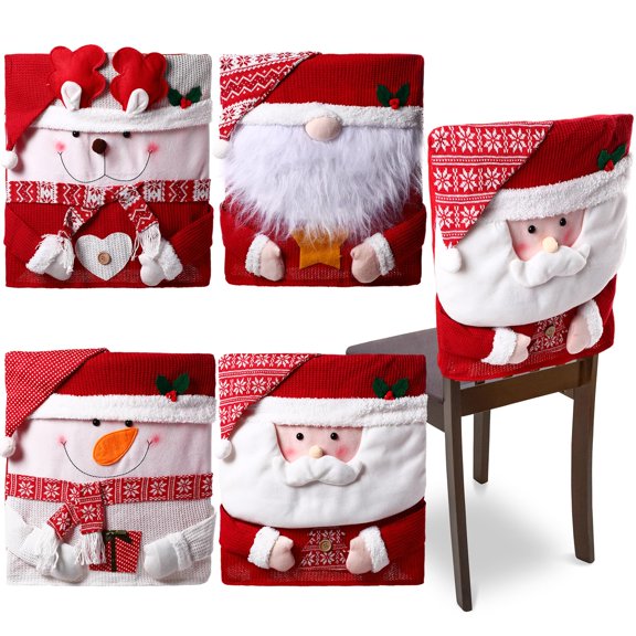 HunnmingRe 4 Pcs Christmas Chair Back Cover Santa Claus Snowman Xmas Dinner Chairs Cover Hat Covers Xmas Chair Slipcover for Dining Room Kitchen Hotel Holiday Party Decor(Classic) Y102