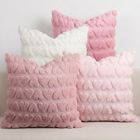 HunnmingRe 4 Pcs Valentine's Day Throw Pillow Covers 18 x 18 Inch Heart Shape Decorative Pillow Cases Soft Plush Cushion Covers for Couch Sofa Bedroom Home Decor Valentine Gift (Pink and White) Y101