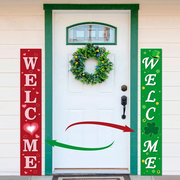 HunnmingRe Double Sided Valentine St. Patrick's Porch Sign 42"H Large Felt Welcome Porch Sign Vertical Love Shamrock Decor for Home Door Wall Holiday Party Indoor Outdoor Decoration Y101