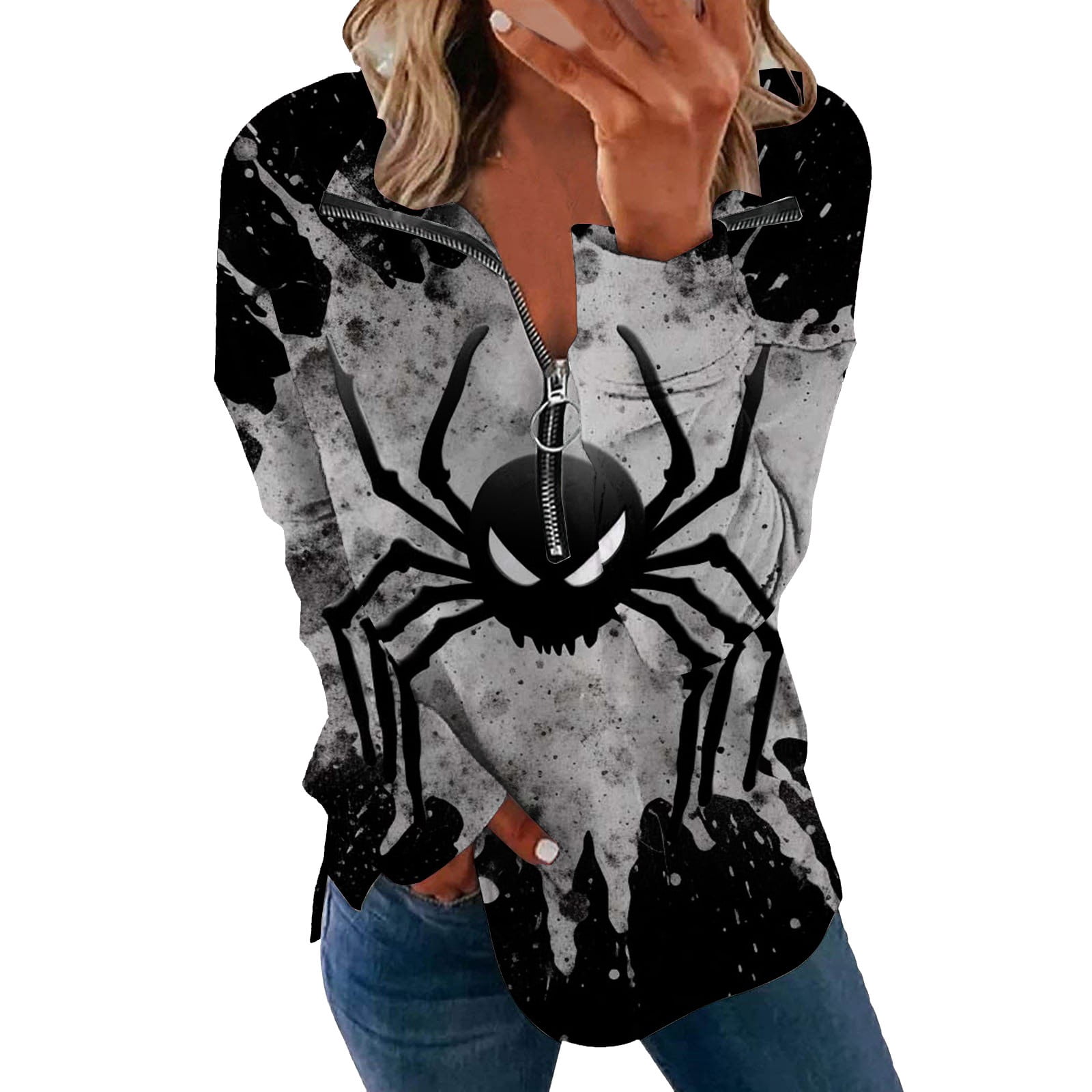 Cobweb Halloween Bat Pattern Print Women Casual Bomber Jacket