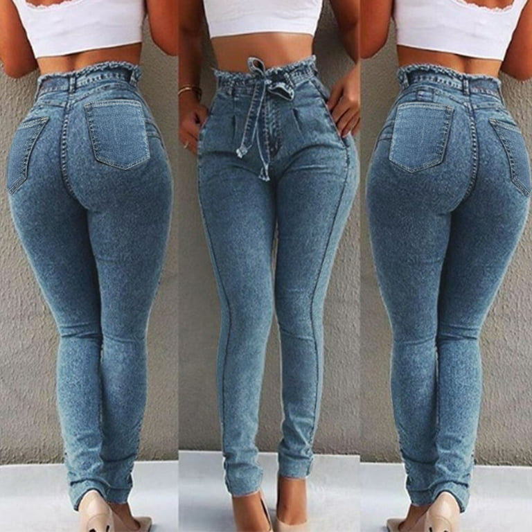 Hunpta Jeans For Women Casual High-Waist Lace-Up Denim Trousers Slim  Stretch Jeans Trousers