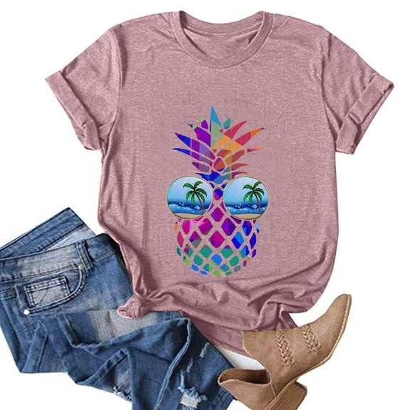Hunpta T Shirts For Women Casual Pineapple Printing Shirts Round Neck Short Sleeve Tee Tops Tunic Blouse
