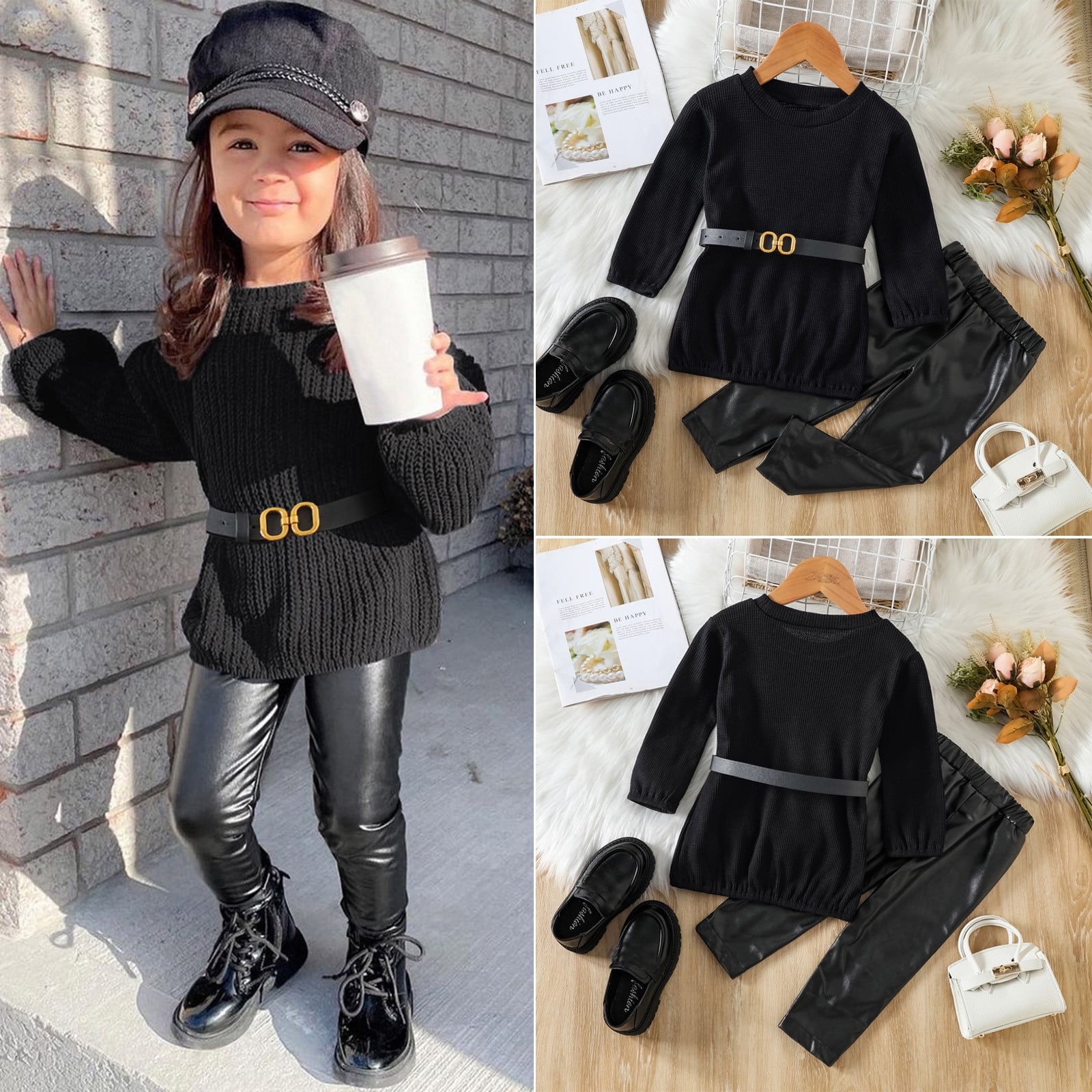 Children Girls Autumn Clothes Sets Outfit 2pcs Solid Puff Long Sleeve  Pullover Tops PU Leather Pants Kid Clothing Sets - AliExpress