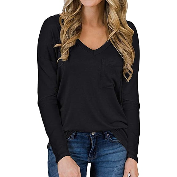 Hunpta Woman Fashion Casual Solid Color V Neck Loose Casual Long Sleeve Pocket T Shirt
