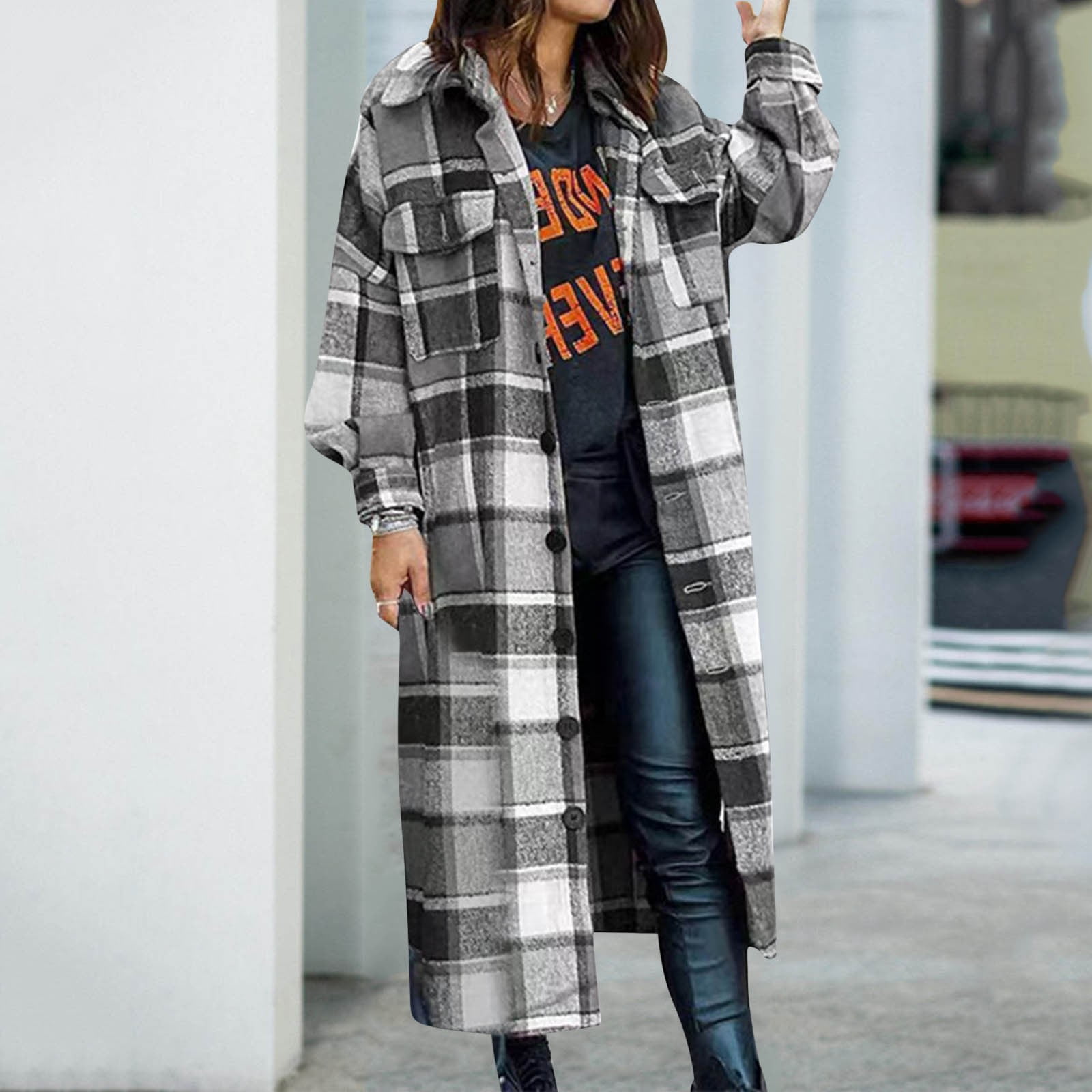 Long Plaid Sweat Coat Gris