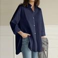 thumbnail image 1 of Hunpta Women Shirt Solid Color Cotton Linen Loose Blouse Casual Button Long Sleeve V-Neck Tops Navy, 1 of 2