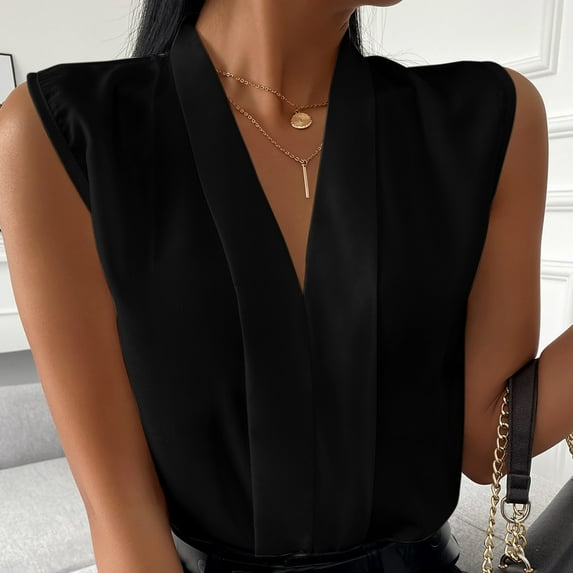 Hunpta Workwear Tankini Tops for Women, Solid Color Ladies Spring and Summer V-Neck Casual Professional Sleeveless Shirt Top, Womens V Neck T Shirts Black
