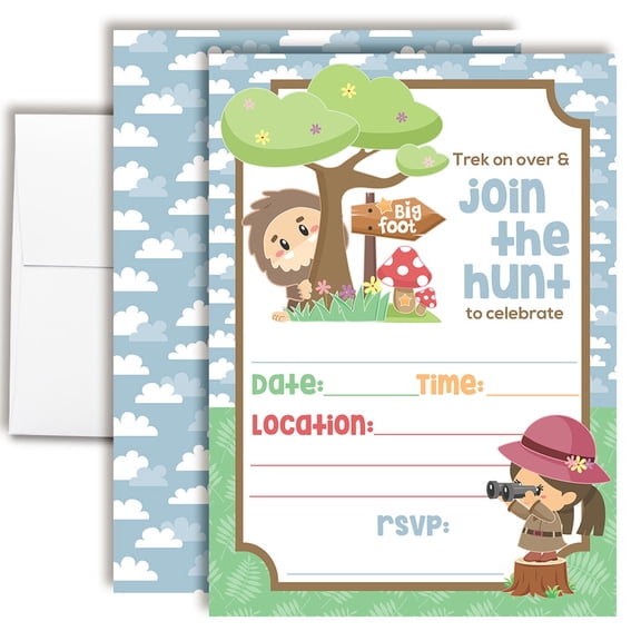 Hunt for Bigfoot Birthday Invitations for Kids, 20 Fill-In Cards with Envelopes, 5x7 Children's Party Invitations, Birthday Party Supplies, Made in USA by Amanda Creation