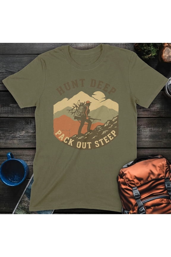 Hunt Deep Rifle Hunting Graphic Cotton Crewneck Short Sleeve T-Shirt, Military Green