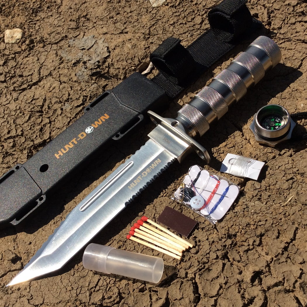 Hunt-Down 12" Chrome Color Fixed Blade Survival Knife - Survival Kit  Compass 9826
