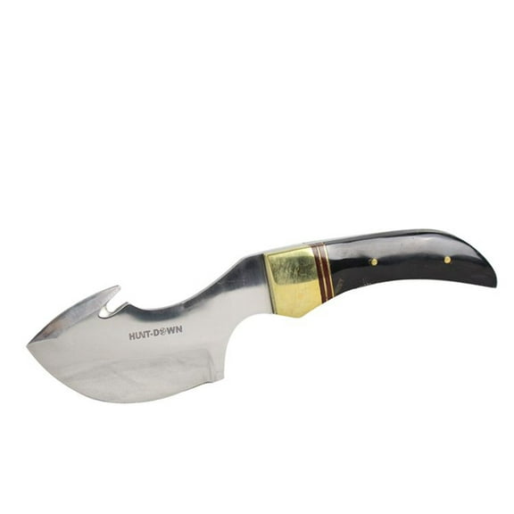 Hunt-Down 7.5" Full Tang Skinner Knife with Black Bone Handle and Leather Sheath 9336