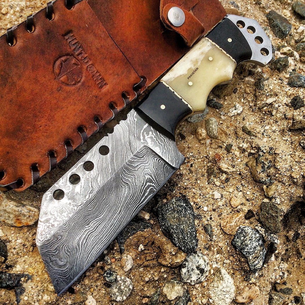 Hunt-Down 8.5' Full Tang Damascus Blade Horn Handle Hunting Knife with Sheath