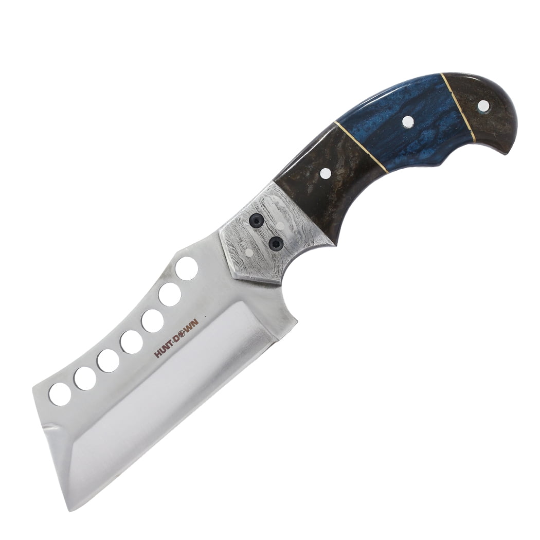 Hunt-Down 9" Brown & Blue Resin Handle Damascus Bolster Hunting Knife with Leather Sheath