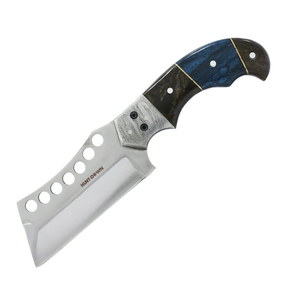 Hunt-Down 9" Brown & Blue Resin Handle Damascus Bolster Hunting Knife with Leather Sheath