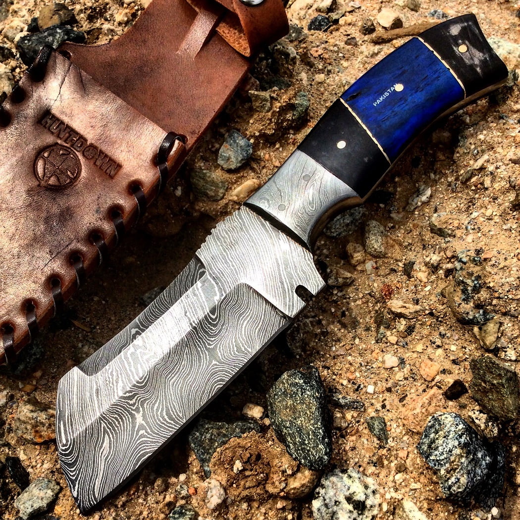 Hunt-Down 9' Damascus Blade Hunting Knife Horn Handle with Leather Sheath