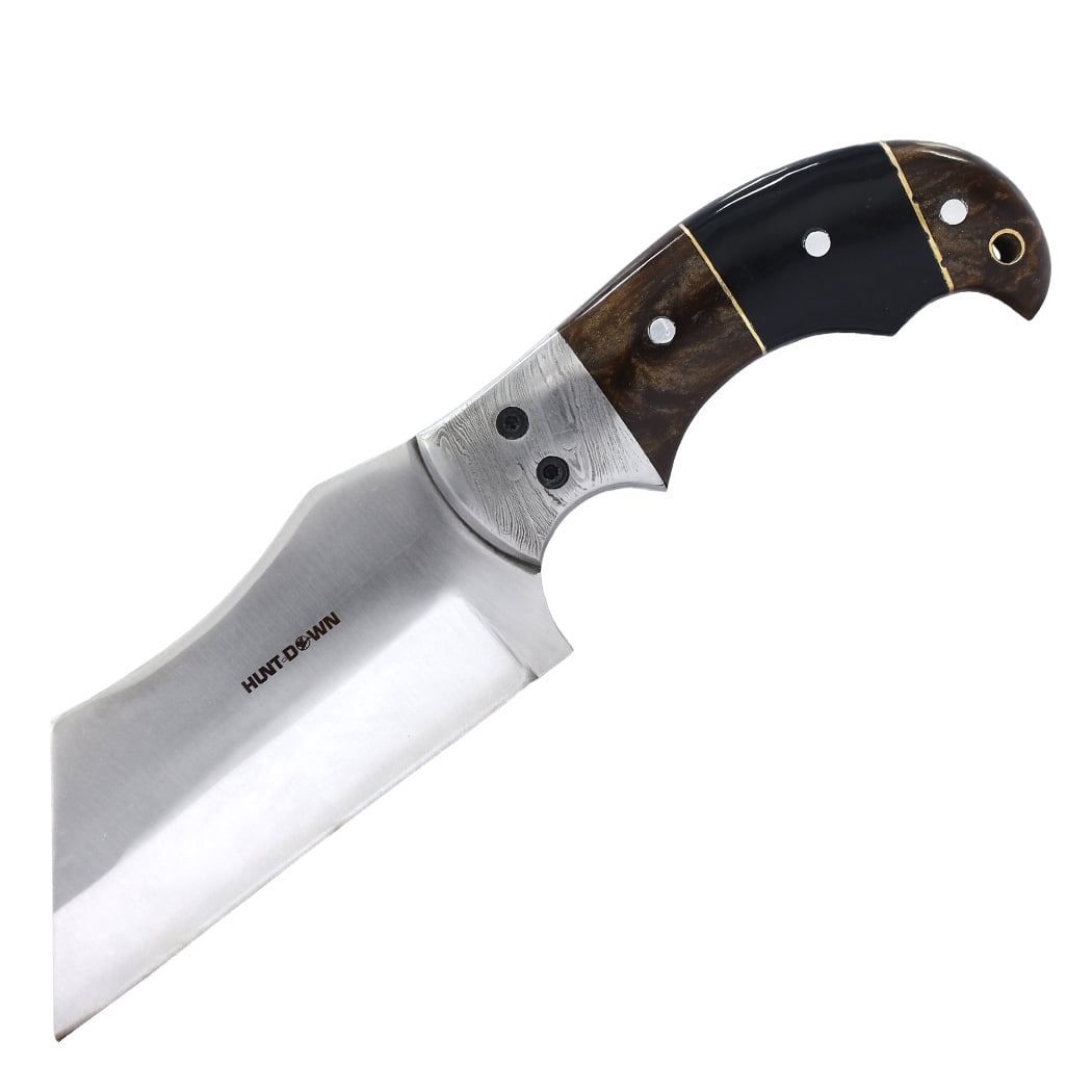 Hunt-Down 9" Black & Brown Resin Handle Damascus Bolster Hunting Knife with Leather Sheath