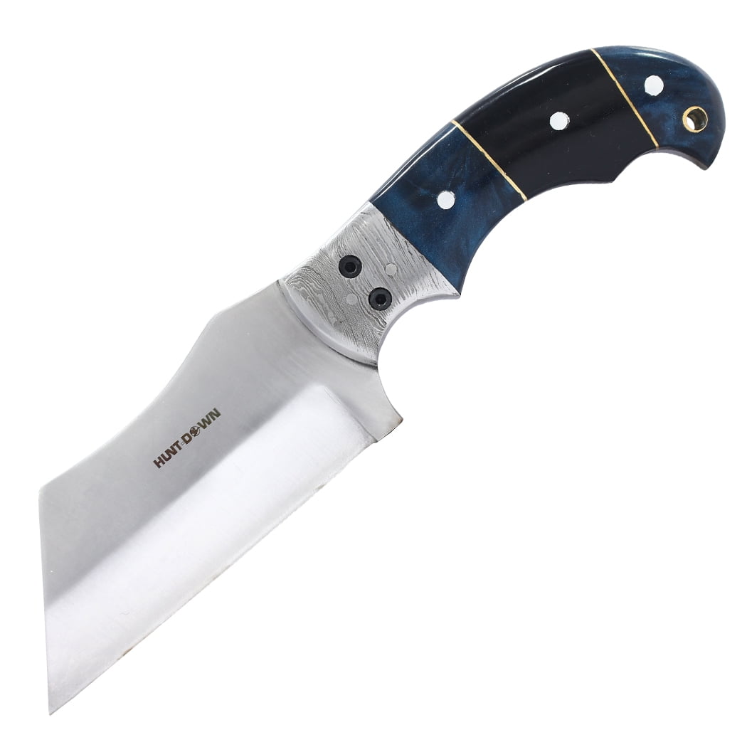 Hunt-Down 9" Blue & Black Resin Handle Damascus Bolster Hunting Knife with Leather Sheath