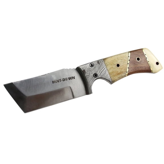 Hunt-Down 9" Full Tang Hunting Knife with Wood Handle and Leather Sheath 9351