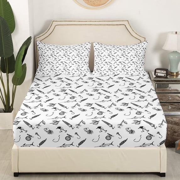 Hunt Fishing Fitted Sheet Twin Size,Sketch Black White Fishhooks Print Bedding Set for Kids Boys Men Adult Bedroom Decor,Hunting Fish Bed Sheets Modern Soft Deep Pocket Sheet,2 Pillowcase