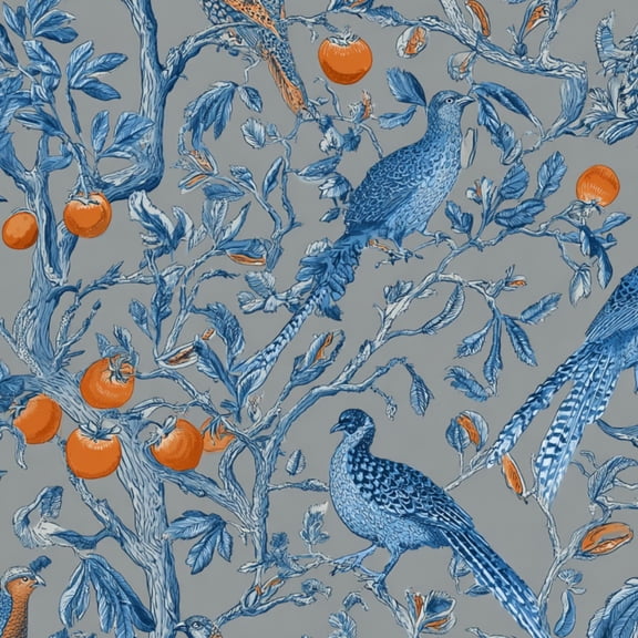Hunt Peel and Stick Wallpaper 17.7in x 9.8ft Blue Orange Pheasants Tree Apples Detailed Botanical Contact Paper Vinyl Waterproof Self Adhesive Wall Paper for Bedroom Shelf Cabinet Renter Friendly