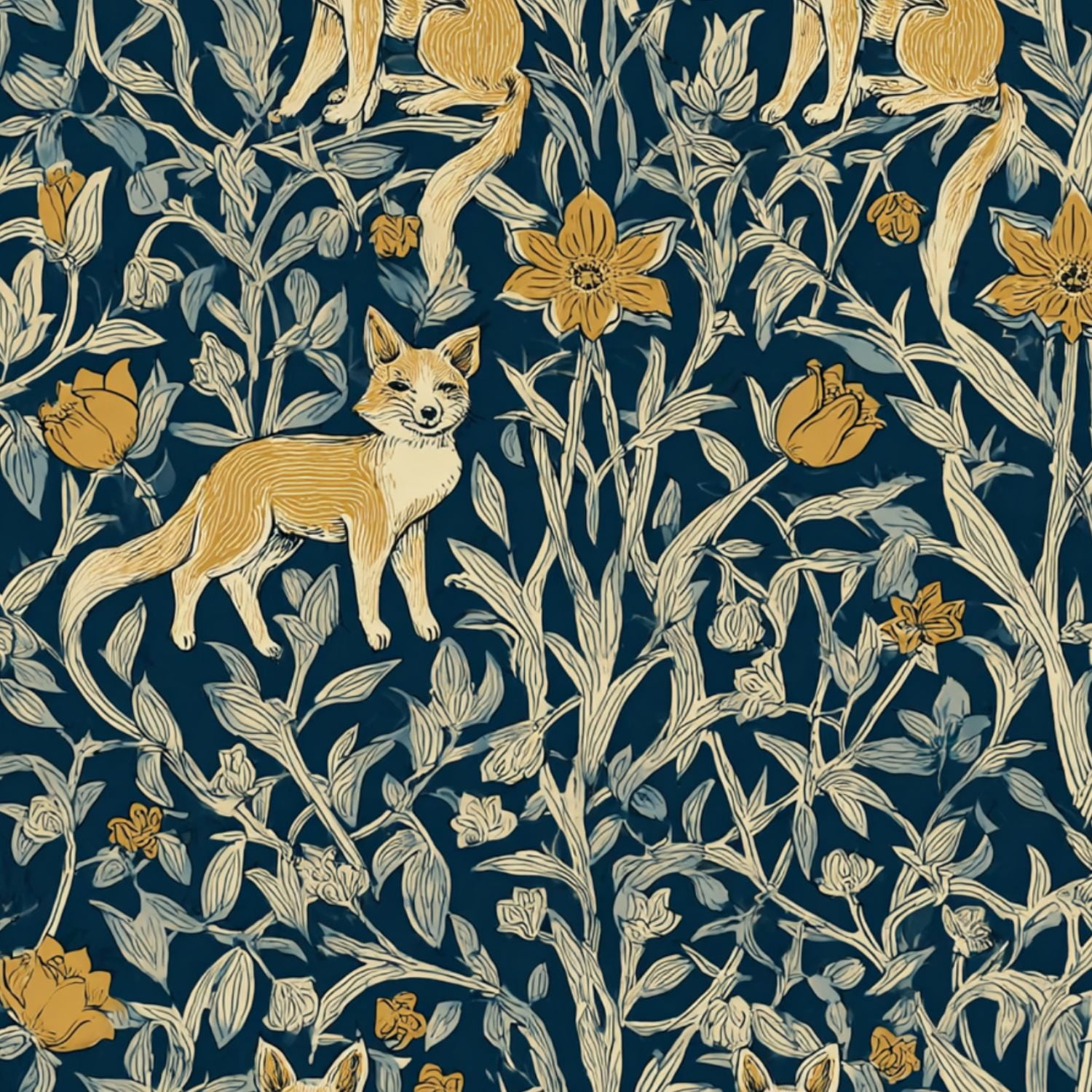 Hunt Peel and Stick Wallpaper 17.7in x 9.8ft Foxes Yellow Flowers Botanical Dark Blue Contact Paper Vinyl Waterproof Self Adhesive Wall Paper for Bedroom Shelf Cabinet Renter Friendly